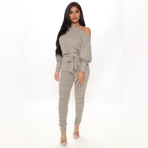 Fashion Nova Pro Lounger Ruched Ribbed Jumpsuit - Gray (Size L)